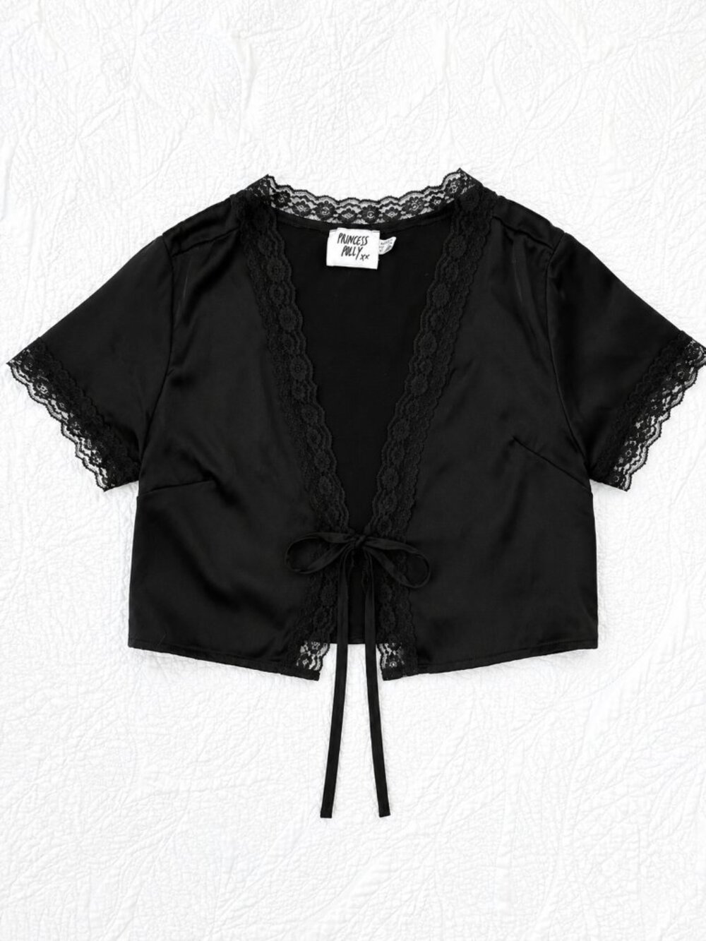Princess Polly Black Lace Trim Tie Front Crop Top Size 6